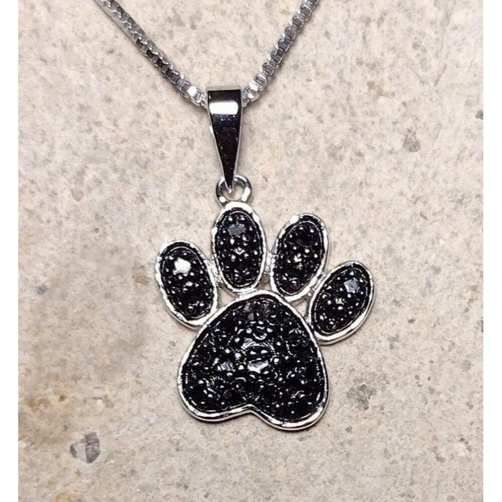 Cat Dog Paw Print Pendant Necklace Sterling Silver .925 Black Enamel